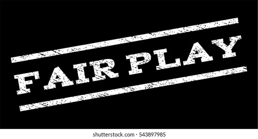 Fair Play watermark stamp. Text tag between parallel lines with grunge design style. Rubber seal stamp with unclean texture. Vector white color ink imprint on a black background.