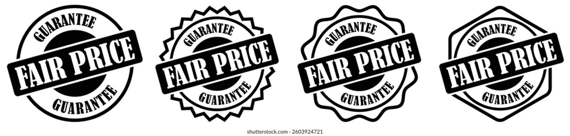Fair price emblem collection set. Lowest price guarantee badge for business promotions. Verified fair rate certification seal for customer trust. Exclusive deal price approval stamp. Vector