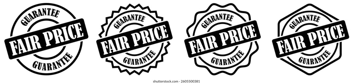 Fair price emblem collection set for business promotions. Fair price guarantee stamp badge in blue vector illustration representing certified pricing assurance and quality. Vector illustration 