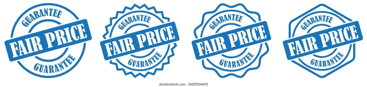 Fair price grunge rubber stamp icon set collection. Fair price guarantee stamp badge emblem for marketing. Promotional fair trade certification sign for branding. Vector illustration