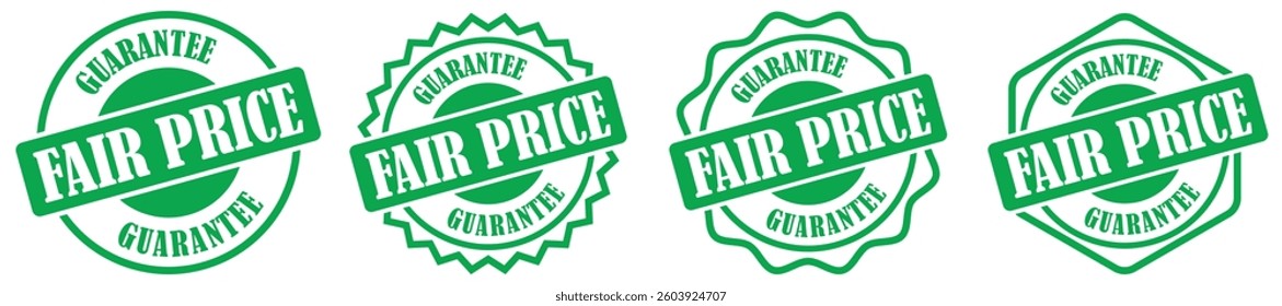 Fair price icons set collection. Trusted discount rate warranty sticker for product offers. Secure fair pricing policy emblem for customer satisfaction. Best price certified seal for promotional offer
