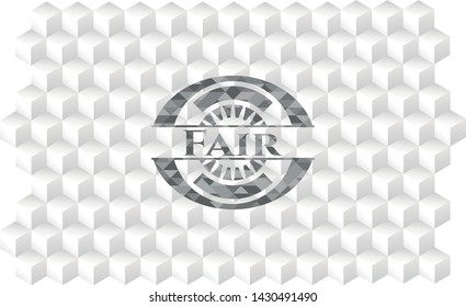 Fair realistic grey emblem with cube white background