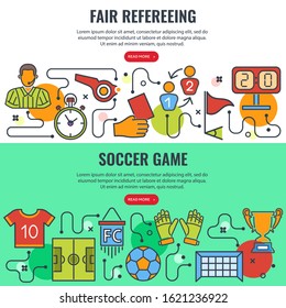 Fair refereeing and soccer game horizontal banners with colored line icons football player, ball, goal, trophy and referee. process infographics. isolated vector illustration