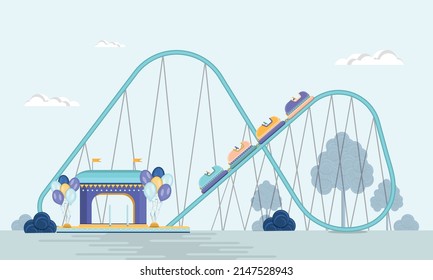 Fair with roller coasters. Amusement park. Flat vector illustration.