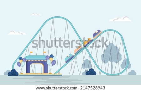 Fair with roller coasters. Amusement park. Flat vector illustration.