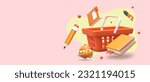 Fair of school stationery. 3D shopping cart with student supplies. Book, pen, pencil, backpack, notebook. Advertising poster in red tones. Place for promotional announcement, dates