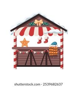 Fair stall with Christmas decorations flat color vector object. Traditional market shop for holiday celebration illustration on white background