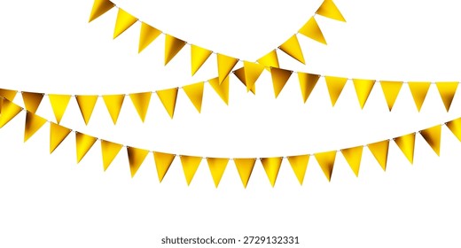 Faire Saiten aus goldenen Festons für Karneval oder Zirkus bg auf weiß. Dreieck-Bündel oder Papier pennunts auf Seilen. Feierliche Gestaltung.  Festlicher Hintergrund. Banner für Karneval. Vektorgrafik.