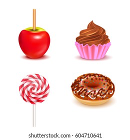 Fair sweets realistic set with toffee apple and lollipop donut cupcake on white background isolated vector illustration