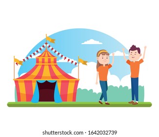 fair tent and happy couple standing over white background, colorful design, vector illustration