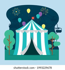 fair tent illustration with fireworks bursts