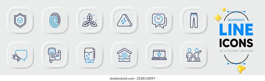 Comercio justo, escudo aprobado e iconos de línea del refrigerador de agua para el App del Web. Paquete de pantalones, huellas dactilares, iconos de pictogramas de reloj. Trabajo en equipo, mapa de Metro, carteles de ayuda médica. Aparcamiento, relámpago. Vector