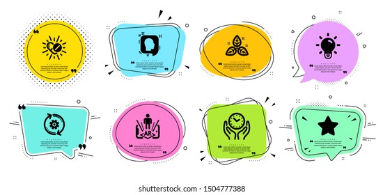 Fair trade, Augmented reality and Light bulb line icons set. Chat bubbles with quotes. Medical drugs, Cogwheel and Safe time signs. Star, Head symbols. Leaf, Phone simulation. Science set. Vector