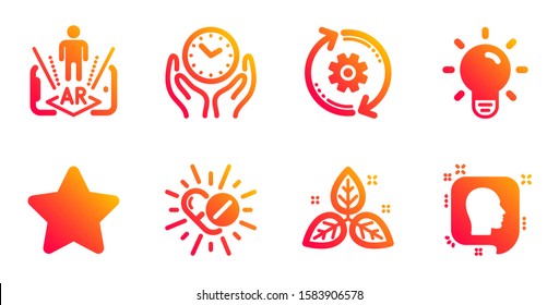 Fair trade, Augmented reality and Light bulb line icons set. Medical drugs, Cogwheel and Safe time signs. Star, Head symbols. Leaf, Phone simulation. Science set. Gradient fair trade icons set. Vector