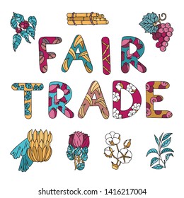 Fair trade color doodle with lettering and products of fair trade