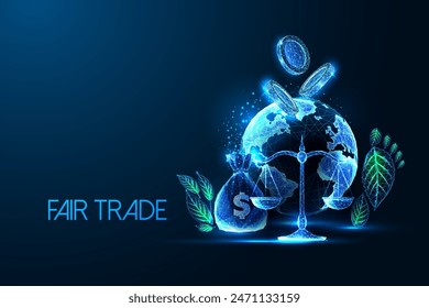 Fair trade, ethical consumption, global economic balance futuristic concept with Earth surrounded by sustainability symbols on dark blue background. Modern glowing low polygonal vector illustration