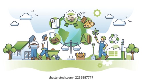 Fair trade and ethical supply chains for import products outline concept. Sustainable and environmental business model with honest payment vector illustration. Nature friendly standards and policy.