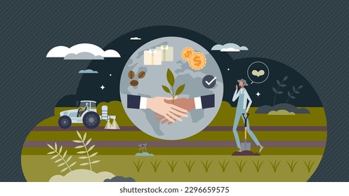 Fair trade and ethical supply chains for product sources tiny person concept. Honest payment for farmers with environmental standards or nature friendly agriculture vector illustration. Business deal