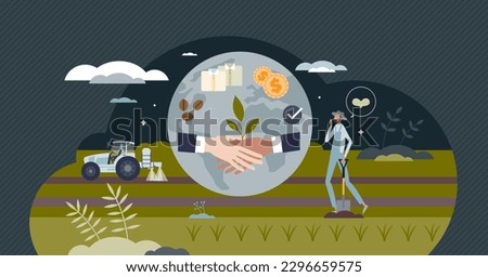 Fair trade and ethical supply chains for product sources tiny person concept. Honest payment for farmers with environmental standards or nature friendly agriculture vector illustration. Business deal