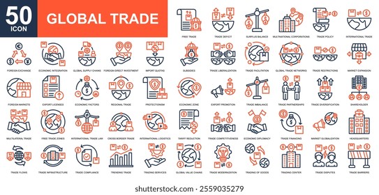 Fair Trade icon collection set. Global trade, global business, international trade, global marketing, global economy icon. Simple line color vector.