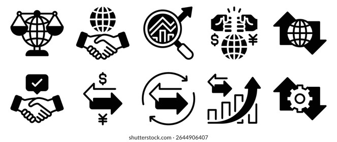 Fair Trade Icon Set Solid Style Collection que representa o comércio ético e fontes sustentáveis adequadas para campanhas de defesa, rotulagem de produtos e materiais educativos