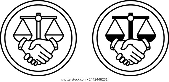 Fair Trade Icons. Vector Icon of Libra and Handshake. Business, Partnership, Work Team and Information Concept