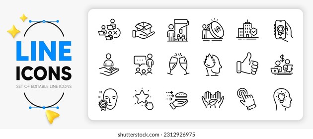 Fair trade, Inflation and Like hand line icons set for app include Painter, Hold box, Stress outline thin icon. Recruitment, Champagne glasses, People chatting pictogram icon. Vector