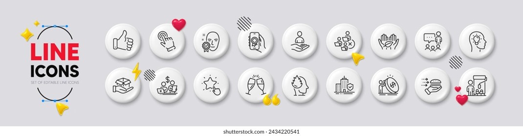 Iconos de línea de mano de comercio justo, inflación y similares. Iconos 3d de los botones blancos. Paquete de pintor, caja de retención, icono de estrés. Reclutamiento, copas de champán, gente chateando pictograma. Vector