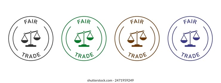 Fair trade label vector design for packaging. Scales balance color sticker. Illustration, logo, symbol, sign, stamp, tag, emblem, mark or seal for package.