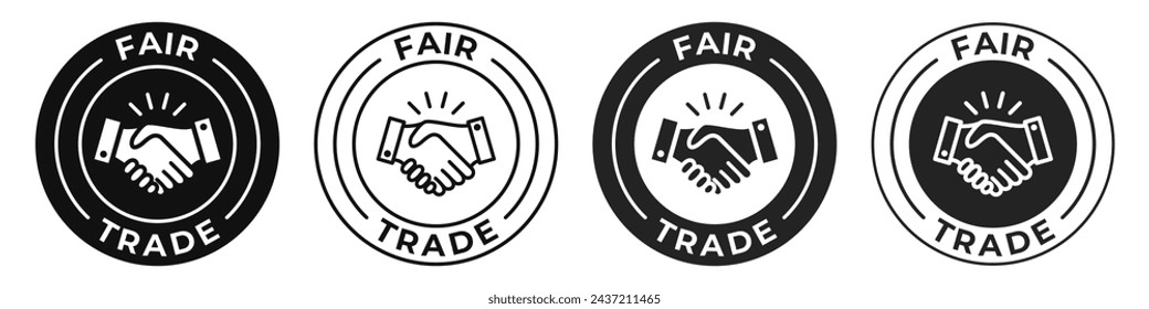 Fair Trade label vector icon illustration. Handshake sign, symbol, badge, sticker, stamp, tag, mark, seal or emblem isolated. Partnership logo in flat outline black circle design.