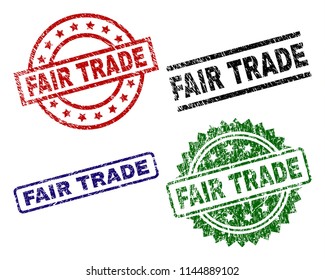 FAIR TRADE seal imprints with damaged texture. Black, green,red,blue vector rubber prints of FAIR TRADE tag with grunge texture. Rubber seals with circle, rectangle, rosette shapes.