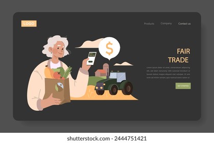 Fair Trade set. Ethical purchasing with digital payments for fresh produce. Elderly woman supports local agriculture. Sustainable farming and economic equity in food commerce.