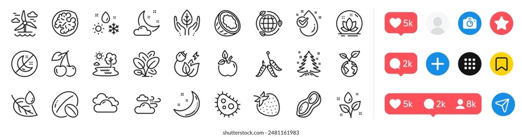 Fair trade, Soy nut and Bacteria line icons pack. Social media icons. Water drop, Eco food, Moon stars web icon. Cherry, Windy weather, Eco energy pictogram. Lake, Christmas tree, Insomnia. Vector