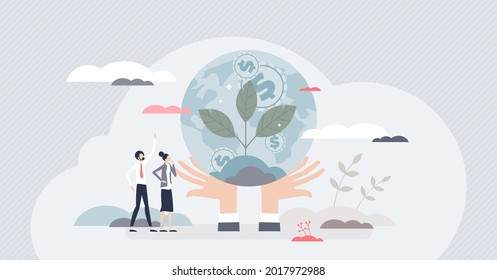 Fair Trade With Sustainable Environment Attitude As Ethical Business Tiny Person Concept. Eco Friendly And Honest Salary For Work Or Resources Exploitation Vector Illustration. Global Earth Awareness.