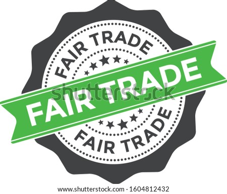 Fair trade vector stamp badge with green ribbon, Seal. Fair trade icon isolated on white.