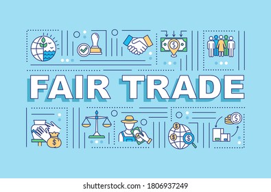 Fair trade word concepts banner. Ethical manufacture. Sustainable production. Infographics with linear icons on blue background. Isolated typography. Vector outline RGB color illustration