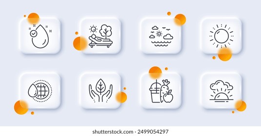 Fairer Handel, Weltwasser und Sonnenenergie Linie Icons Pack. 3D-Glasknöpfe mit unscharfen Kreisen. Liege, Vitamin e, Sunset Web-Symbol. Saft, Reisen Meer Piktogramm. Für Web-App, Drucken. Vektorgrafik