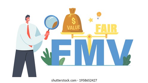 Fair Value Market Business Concept. Tiny Businessman Character with Magnifier Glass at Huge FMV Typography and Scales Presenting Balance of Value and Fair. Cartoon People Vector Illustration