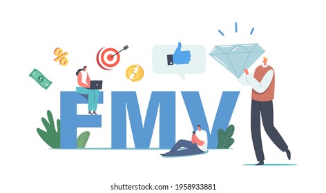 Concepto de mercado de valor razonable. Pequeños personajes de negocios con dispositivos brillantes, de subida y digitales alrededor de una enorme tipografía FMV, valor y balance justo, finanzas. Ilustración del vector de dibujos animados