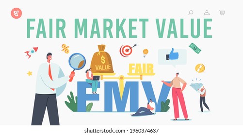 Fair Value Market, FMV Landing Page Template. Tiny Businessmen and Businesswomen Characters with Huge Magnifier, Brilliant and Scales, Balance of Value and Fair. Cartoon People Vector Illustration