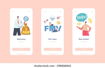 Fair Value Market, Real Price Mobile App Page Onboard Screen Template. Tiny Businessman Character with Huge Glass, Balance of Value and Fair, FMV Business Concept. Cartoon People Vector Illustration