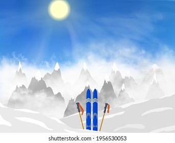 Fair weather at the mountains. Beautiful peaks inside the fog clouds on the morning under the sun shining through the realistic fog clouds. Ski inside the snow piles. Silhouette vector illustration.