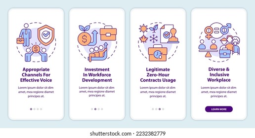 Fair working practices onboarding mobile app screen. Inclusive growth walkthrough 4 steps editable graphic instructions with linear concepts. UI, UX, GUI template. Myriad Pro-Bold, Regular fonts used