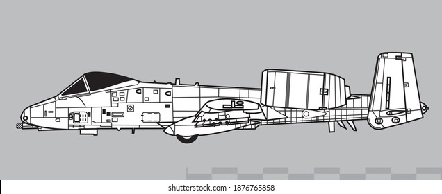 Fairchild Republic A-10 Thunderbolt II. Vector Drawing Of Close Air Support Attack Aircraft. Side View. Image For Illustration And Infographics.