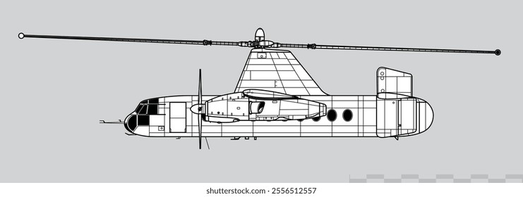 Fairey Rotodyne XE521. Prototype of multirole compound gyroplane. Side view. Image for illustration and infographics.