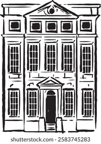 «Fairfax House, York, England black and white ink sketch. Elegante casa georgiana con exquisitos detalles arquitectónicos y encanto histórico. Proyectos de turismo, viajes y patrimonio cultural