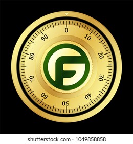 FairGame (FAIR) cryptocurrency safe lock. Eps10 vector illustration isolated on black background.