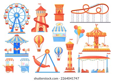 Fairground attractions. Carnival carousel and adult attraction on festival amusement park, fantasy swing rollercoaster playground wheel cartoon roundabout, vector illustration of carnival amusement - Shutterstock ID 2264041747