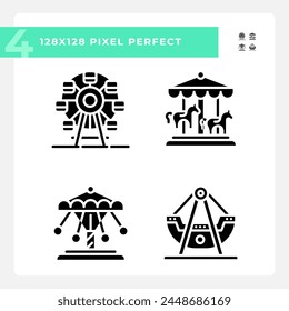 Fairground attractions pixel perfect black glyph icons set on white space. Thematical park, leisure activity. Customizable thin line symbols. Isolated vector outline illustrations. Editable stroke