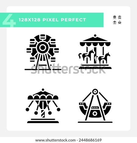 Fairground attractions pixel perfect black glyph icons set on white space. Thematical park, leisure activity. Customizable thin line symbols. Isolated vector outline illustrations. Editable stroke